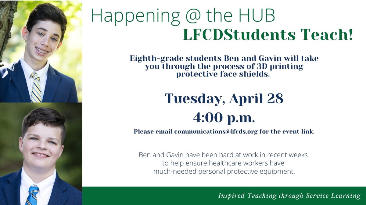 lfcds1888's tweet photo. Two of our 8th-grade students have been 3D printing pieces for protective face shields &amp; donating them to hospitals &amp; healthcare workers. Join us today at 4 pm - they'll show you how it's done. Email communications@lfcds.org for the link.  #lfcds #lfcds_experience #PanthersAtHome https://t.co/2EOgKTFlb2