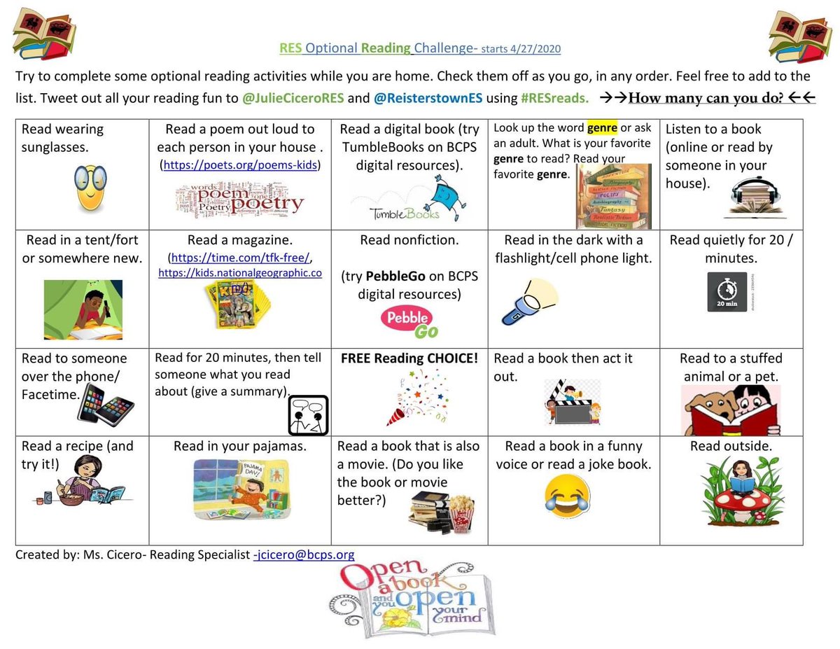 JuliaCiceroRES's tweet image. Elle can check off “Read Outside” for the Reading Challenge! @ReisterstownES -Remember to post your pics if you can! Happy reading! #readingchallenge #read #bcpsreads #RESreads #distancelearning #readoutside @poliverjones @stevens_kaia @BaltCoPS @BCPS_ELA