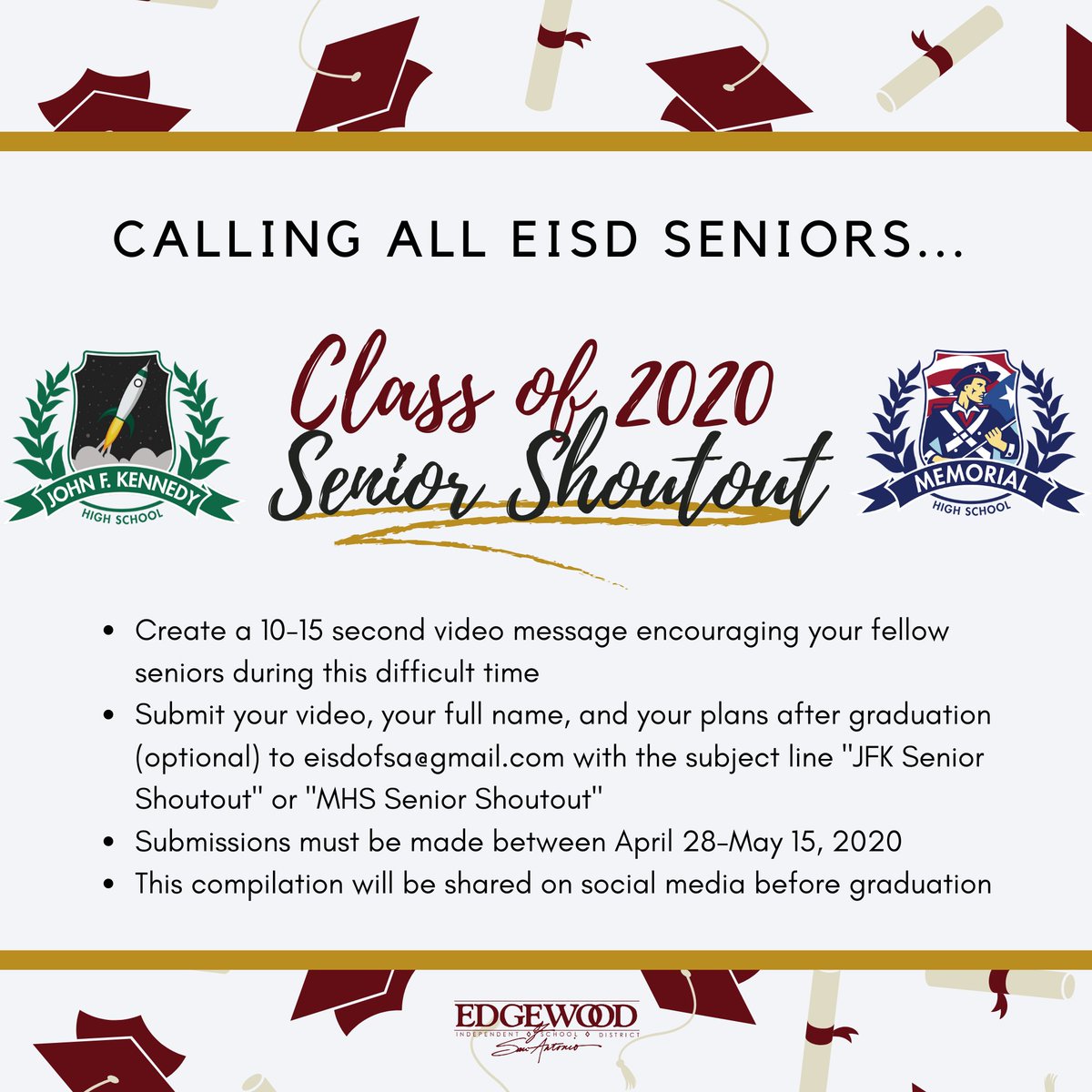 Hey, Seniors 📣 We want to hear from you 🎓 Send us your videos giving a shout out to your fellow classmates and tell us what your plans are after graduation?

Send your videos to ➡️ eisdofsa@gmail.com.
