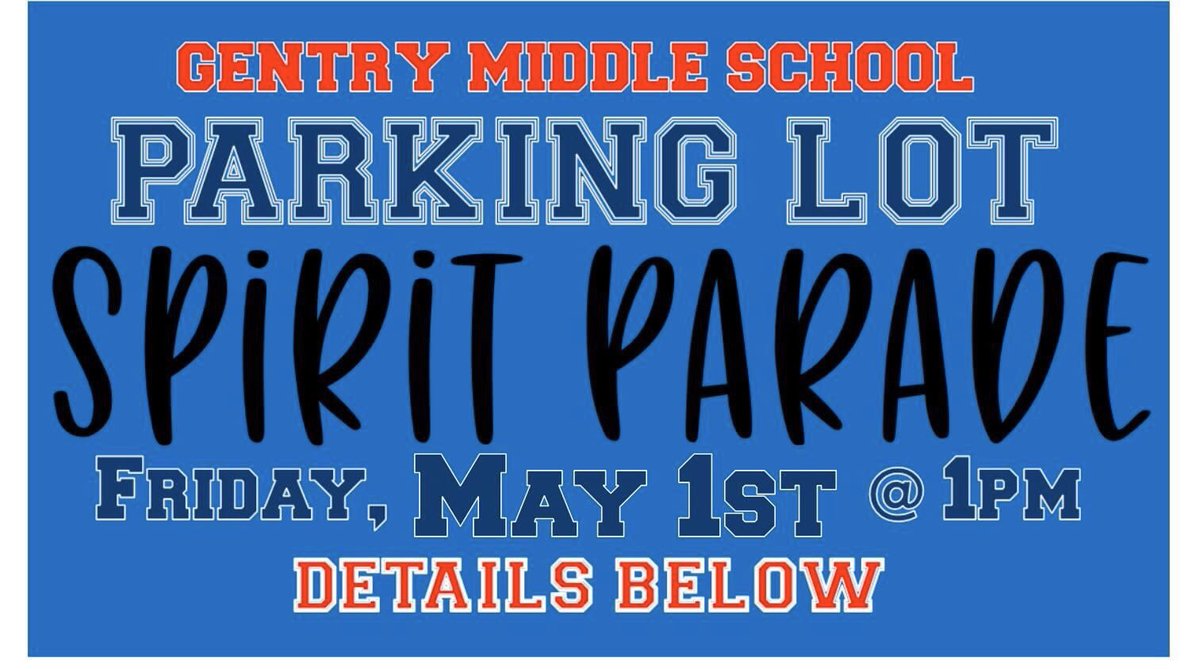 We would like to invite you all to a Parking Lot Spirit Parade! Come drive by and “see” your Gentry teachers Friday from 1:00pm until the last car drives through. To follow safe social distancing this will be a car-only parade through the parking lot. Wear GMS gear!