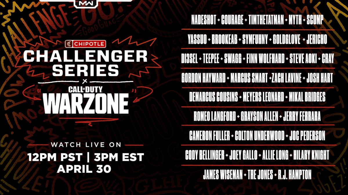 The #Warzone <a href="/ChipotleTweets/">Chipotle</a> Challenger Series kicks off this Thursday, April 30th at 12pm PT/3pm ET.  

The lineup is STACKED. Tune in at chip.tl/chiptwitch #LiveFromWarzone
