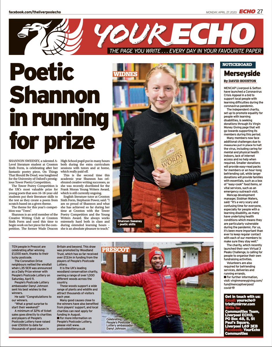 COLCollege's tweet image. It was great to see not one, but two stories written by our #Journalism student @DavidHouston94 in yesterday’s @LivEchoNews, both were about local initiatives to help people in need during the Coronavirus pandemic.

Nice work, David! 👏📰