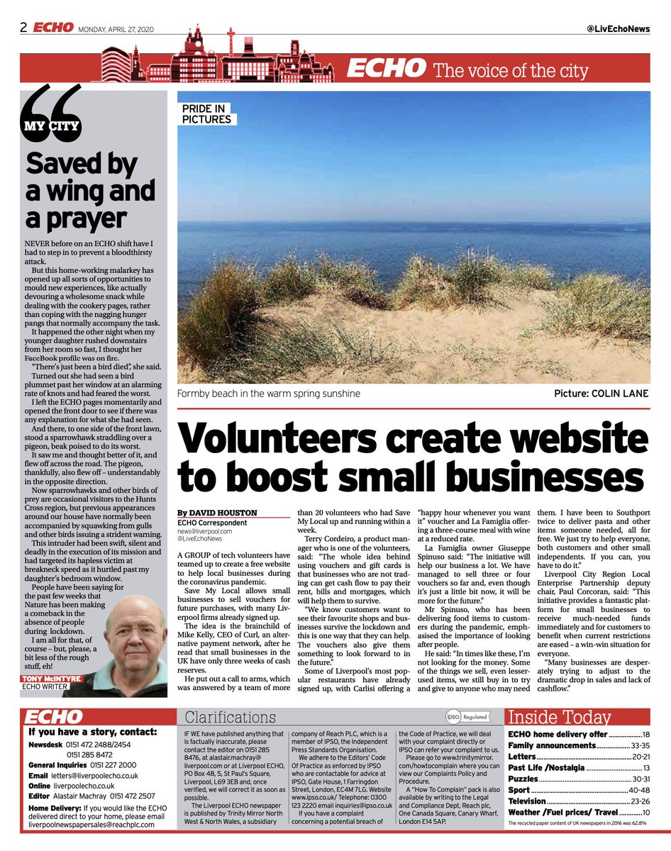 COLCollege's tweet image. It was great to see not one, but two stories written by our #Journalism student @DavidHouston94 in yesterday’s @LivEchoNews, both were about local initiatives to help people in need during the Coronavirus pandemic.

Nice work, David! 👏📰