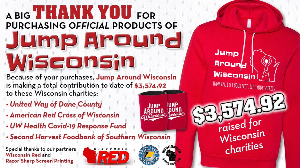 JumpWisconsin's tweet photo. #Thankyou to everyone that has purchased the #jumparoundwisconsin swag.
To date we have raised $3,574.92 for #Wisconsin charities.
https://t.co/7E3pblTvx3
WE WILL CONTINUE TO ACCEPT ORDERS THROUGH FRIDAY, MAY 1ST! https://t.co/93RZR9TFZk