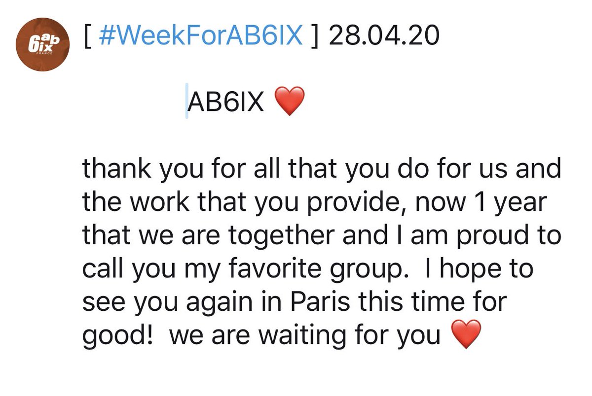 AB6IXFRANCE's tweet photo. [ #WeekForAB6IX ] 28.04.20

⠀            AB6IX ❤️

We love you, see you In Paris! 👀

 #Forever6IX
#예삐들_영원하자
#WeekForAB6IX https://t.co/QPrFlfIQT0