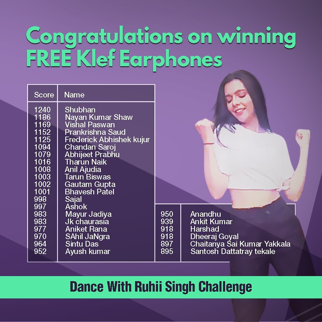 TheThunderpod's tweet photo. The wait is over! Congratulations to these 25 winners of @ruhisingh11 #MotionDance challenge on @thethunderpod. The winners to receive FREE #Klef earphones (Post Lockdown). #challenge #ALLINCHALLENGE #Contestalert #ContestAlertIndia #ContestAlert #ContestIndia #ruhisingh https://t.co/gbrpCYPh4k