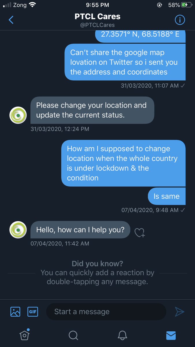 its_zash's tweet photo. After explaining my complain in 2-3 days @PTCLCares messaged me a week later and asked me how can they help me?? Dude are you serious.

Koi sharam hoti ha koi haya hoyi ha pr lagta ha ptcl walo k pass zara kam hoti ha😒 https://t.co/L6ZsCOL89Q