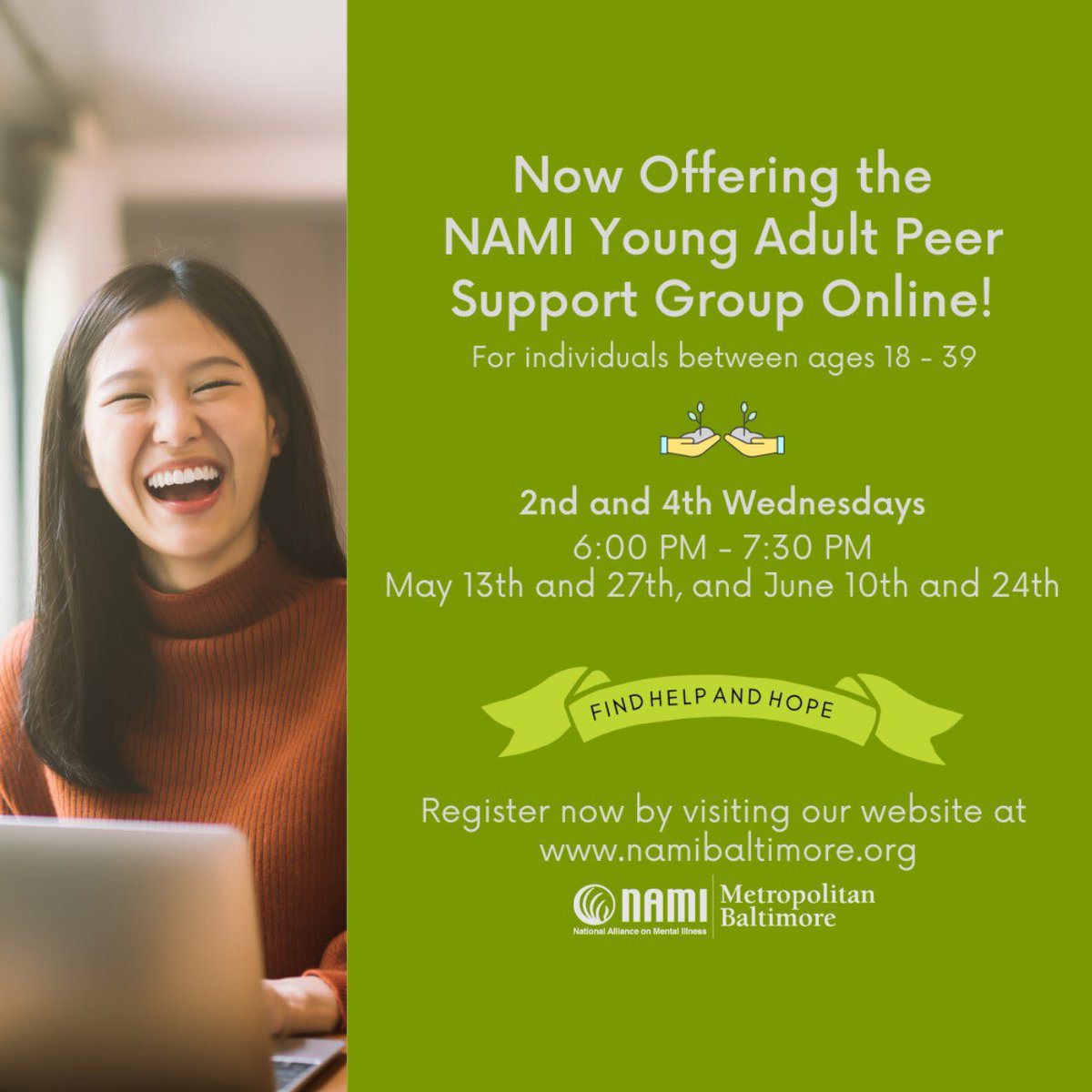 Missing the <a href="/NAMI_Baltimore/">NAMI Metro Baltimore</a> young adult peer support bi-weekly gatherings hosted at <a href="/JohnsHopkinsSPH/">Johns Hopkins Bloomberg School of Public Health</a>? They are going virtual starting May 13th! Go to namibaltimore.org to register and learn more! #mentalhealth #peersupport