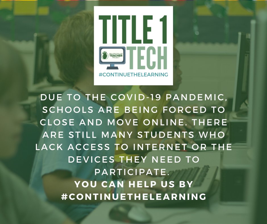Mdtproject's tweet photo. Through our #title1tech initiative, we are raising money to put tech directly with the students who need it most.
Join us by checking out https://t.co/xZjUM9bFFX, and #continuethelearning. https://t.co/jQ3xXai3wH