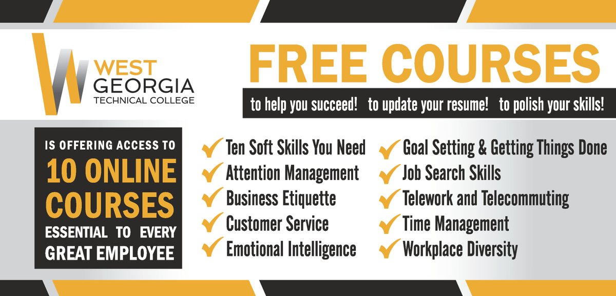 In a continued effort to support our communities, business &amp; industry, &amp; individuals during this time, WGTC is offering FREE access to courses covering a variety of topics that apply to all sectors of the workplace. Access these classes and learn more at westgatech.edu/business-indus…