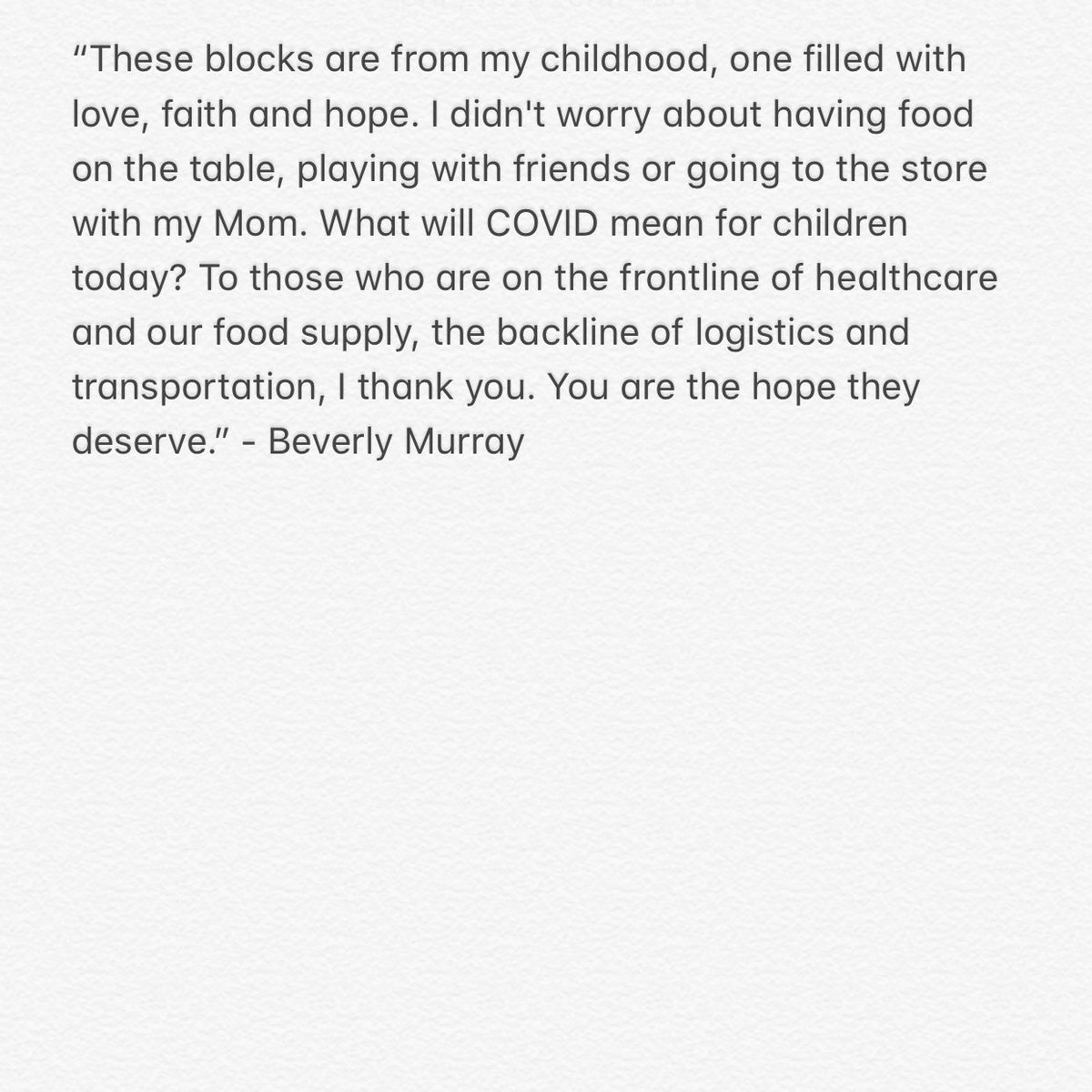 rmagency's tweet photo. #WeThankYou: A message from @BeverlyMurray, R+M's CEO.
"These blocks are from my childhood, one filled with love, faith and hope. I didn't worry about having food on the table, playing with friends or going to the store with my Mom..." (continued in photo) #AgentsofGoodness https://t.co/08sqhs3SZK