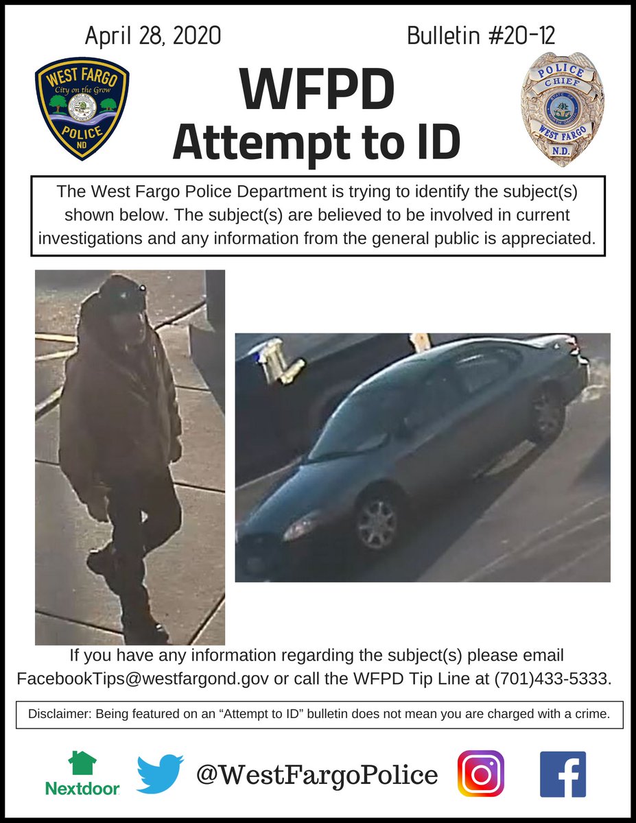 WestFargoPolice's tweet photo. We are attempting to identify the individual(s) featured in this bulletin. If you have any information on them, please call the West Fargo Police Department Tip Line at (701) 433-5333. #WestFargoPD #TipLineTuesday https://t.co/fWqF0yZvim