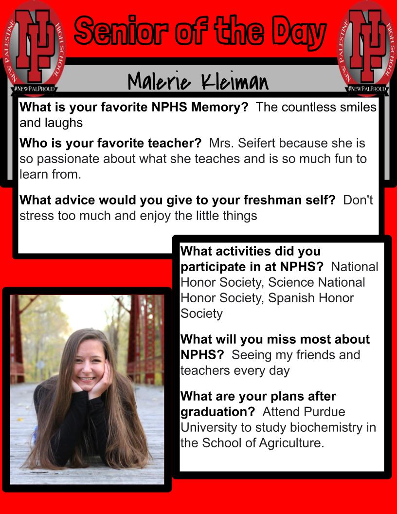 Amy Dawson (@mrsamydawson) on Twitter photo Malerie Kleiman is today's Senior of the Day! We are #newpalproud of you! <a href="/NPHighSchool/">New Palestine H.S.</a> @SouthernHancock Malerie Kleiman is today's Senior of the Day! We are #newpalproud of you! <a href="/NPHighSchool/">New Palestine H.S.</a> @SouthernHancock