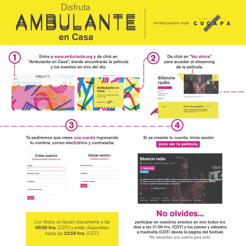 diegoluna_'s tweet photo. Mañana arranca Ambulante en Casa. Aquí los pasos para conectarse y ser parte de esta edición en línea de @Ambulante. Un mes, 65 documentales y muchas actividades. Entra a https://t.co/xs5l80zToK para ver el programa y prepárate. https://t.co/FUPPHwkfdF