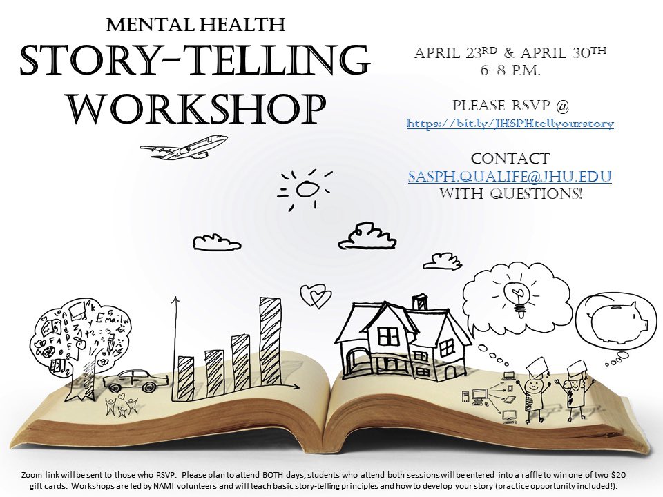 📖 ATTN <a href="/JohnsHopkinsSPH/">Johns Hopkins Bloomberg School of Public Health</a> students: Join <a href="/JHSPH_SA/">StudentAssemblyJHSPH</a> and <a href="/NAMI_Baltimore/">NAMI Metro Baltimore</a> this Thursday at 6pm ET for the second Mental Health Story-Telling Workshop! Learn how to share your personal #mentalhealth journies and inspire others to #breakthestigma!