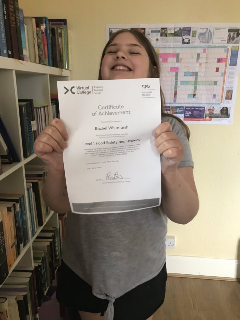 SophieWhit1982's tweet photo. Super proud of this crazy chef who has just past her level 1 food safety and hygiene certificate. You’re awesome. What’s for dinner? @ypd_dewicampus @NonYsgol #superproud #rockingthishomeschooling #covid19 #stdavidscath https://t.co/oq8gQwk4E9