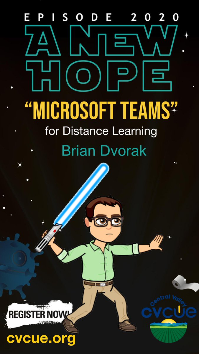 briandvorak's tweet photo. Educators! Will you join me this weekend for Episode 2020 - A New Hope? I'll be presenting a session titled "Distance Learning with Microsoft Teams". Join your fellow Jedi's and explore the ways of "QuaranPD" https://t.co/8f7MLOxQal @cvcue @cueinc @MicrosoftEDU #edtech https://t.co/upeLKK1RP2