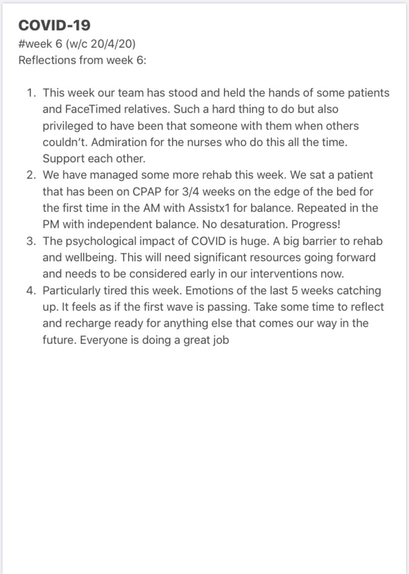 FrazerrespPT's tweet photo. Week 6 #COVID19 reflections. Short and sweet. Tiring week. 2 days off before my last 3 days with @WHHTTherapy @WestHertsNHS after 6.5years!Goodbyes have begun☹️ @Shruthi_Konda https://t.co/gMrBYDkY2o