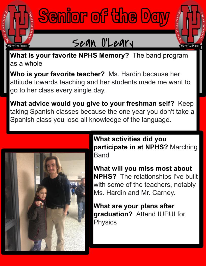 Amy Dawson (@mrsamydawson) on Twitter photo Congrats to Sean O'Leary, today's Senior of the Day! We are #newpalproud of you! @SouthernHancock <a href="/NPHighSchool/">New Palestine H.S.</a> Congrats to Sean O'Leary, today's Senior of the Day! We are #newpalproud of you! @SouthernHancock <a href="/NPHighSchool/">New Palestine H.S.</a>