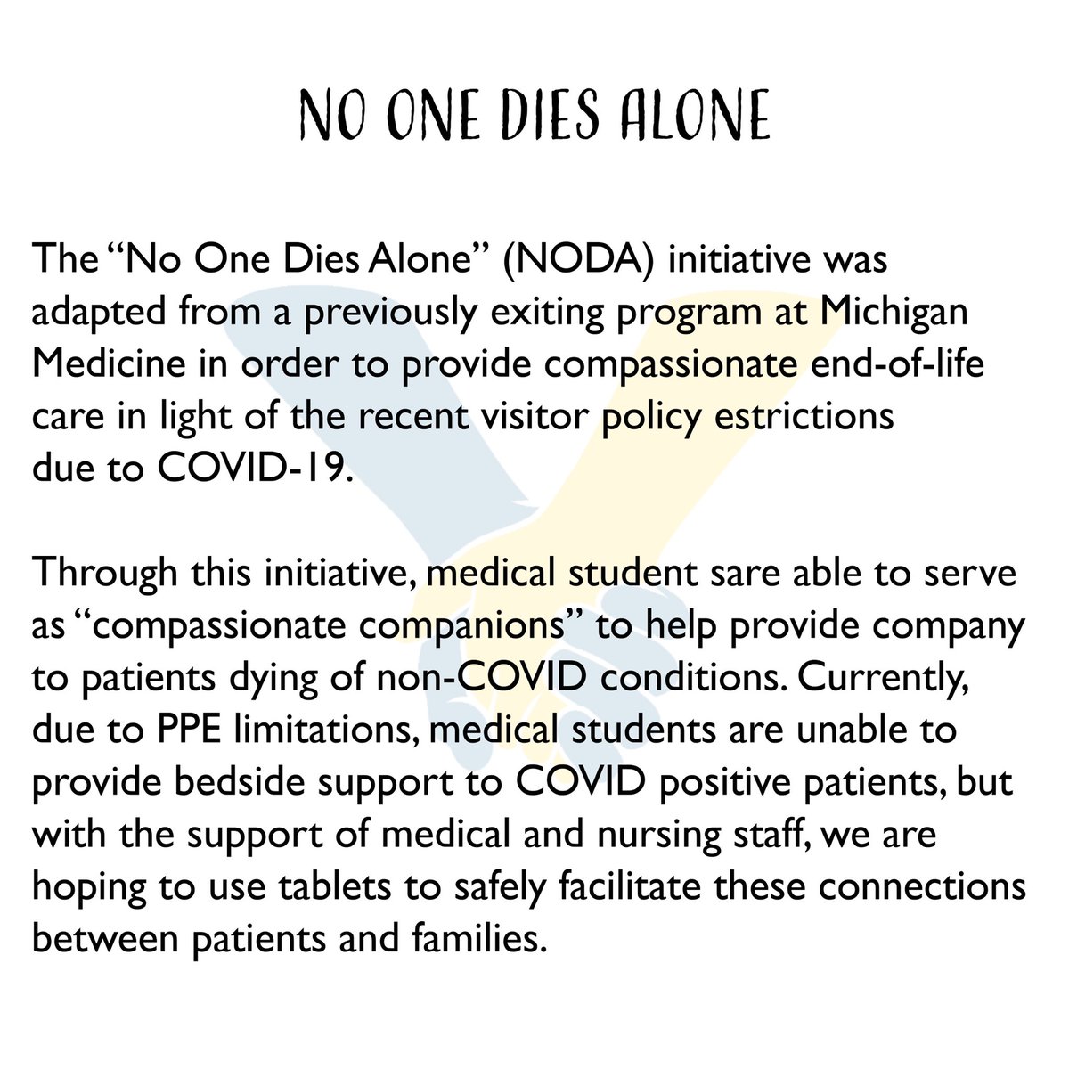 In the last week, our two new patient care initiatives have taken off, with >30 trained medical student volunteers caring for non #COVID19 patients to help meet the needs at <a href="/umichmedicine/">Michigan Medicine</a>. We are so grateful to our volunteers and leaders who developed these programs! #GoBlueMed