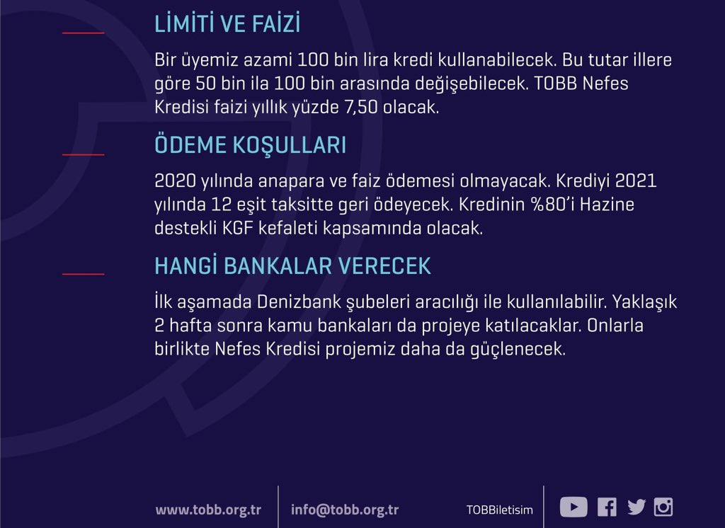 Ekonomik yapımızın can damarı olan KOBİ’lerimiz için TOBB öncülüğünde hazırladığımız ‘Nefes Kredisi’nin iş dünyamız adına hayırlı olmasını dilerim, destekleri için Sn Bakanımız <a href="/BeratAlbayrak/">Berat Albayrak</a>’a, TOBB Başkanımıza, <a href="/KGFTurkiye/">Kredi Garanti Fonu</a> yönetimi ve bankalarımıza teşekkürlerimi sunarım .