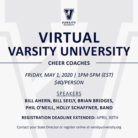 𝗦𝗣𝗘𝗖𝗜𝗔𝗟 𝗨𝗣𝗗𝗔𝗧𝗘 📢 the Virtual Varsity University Coaches Conference has extended the registration deadline to 𝗔𝗣𝗥𝗜𝗟 𝟯𝟬𝘁𝗵! Sign up today to hear best practices from industry experts! 👉 bit.ly/registerVUmay1