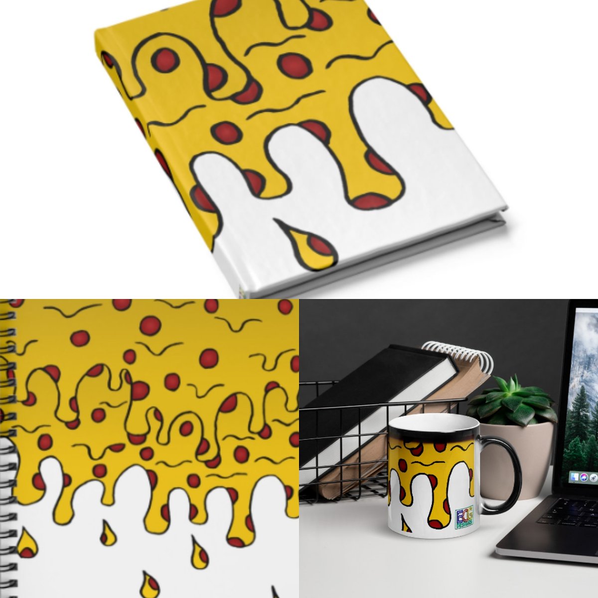 Our cheesy pizza design on a notebook, journal (lined or blank pages) and a mug!

#ecgdesigns #cheesypizza #cheesy #pizza #pepperoni #notebook #journal #blank #lined #mug #coffeemug #design