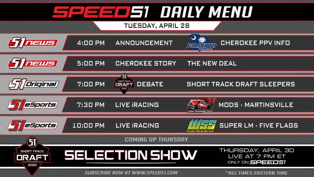 RacingAmerica's tweet photo. 🍽️ Speed51 Daily Menu 🍽️

📢: @Cherokee_DirtSC #PalmettoInvitational PPV Info

🛌: Debate - #ShortTrackDraft Sleepers

🏎️: Live @iRacing - @EliteRacing_ Modifieds &amp; @SeriesWestern Super Late Models

https://t.co/cUETqxuWXz https://t.co/8hsfxcICFM