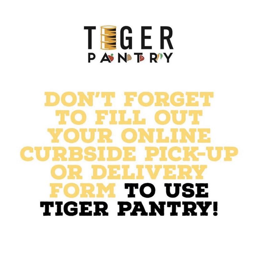 It's Tuesday...and you know what that means! Head to Tiger Pantry's Engage page to fill out our curbside pick-up or delivery form to receive items from Tiger Pantry tomorrow. This will allow us to continue to serve you in this time! #TigerPantryCares #FightTigerFightHunger