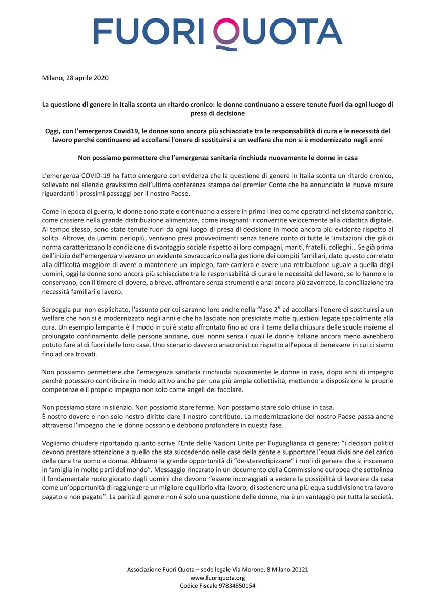 Supporta l’appello #FuoriQuota per garantire sufficienti presenze femminili nei luoghi decisionali affinché anche la visione delle #donne venga presa in considerazione nella fase di #ricostruzione del nostro Paese #womenempowerment #COVID19 #women fuoriquota.org/2020/04/28/eme…