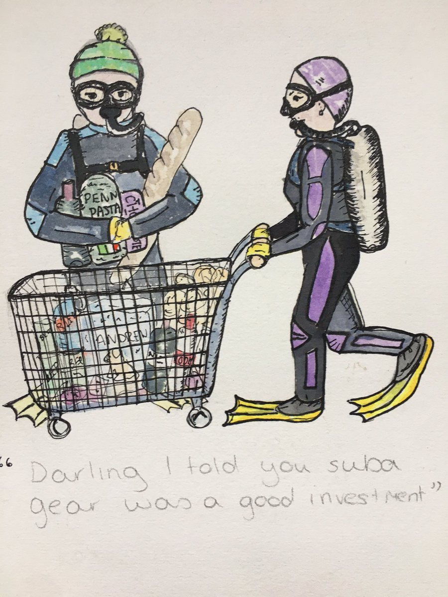 spelhamcomedy's tweet photo. “Darling I told you the scuba gear was a good investment!” #tuesdayvibes #weeklyshop #SocialDistancing #CoupleGoals #scubadiving #supermarket #Fashionista #drawingoftheday #lockdownhustle #lockdown https://t.co/U8Hy36RYY8