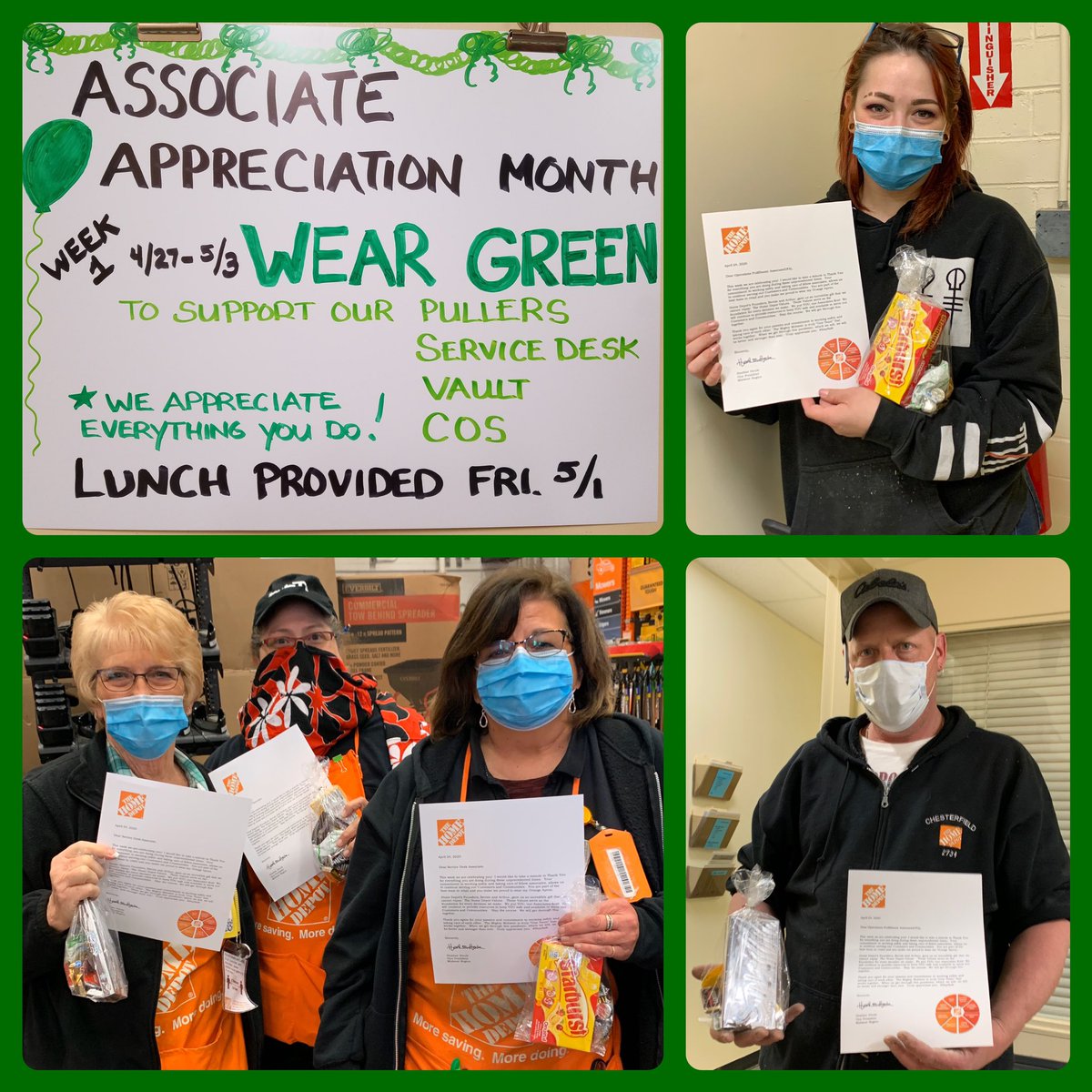 Home2734's tweet image. Associate Appreciation Month! Going GREEN Week 1 for Our OFAs, Service Desk, Vault &amp;amp; COS! @SallyGansior @RobertDennison1 @XKerrigan @HDKevinH @kim_foster22713 @kim_hughes66 @mamark1963 @AngeloTasios @PenczakHarry @Zombie_Paigie #MWSpringSpiritWeek