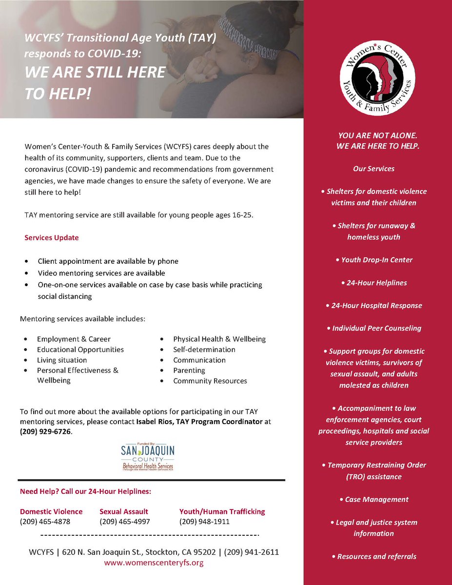 WCYFS's tweet photo. Are you or do you know a Teen between the ages of 16 – 25? Our TAY Mentoring &amp; Peer counseling services are still available. For more information please reach out to the contact person listed on this post.

We are still here to help! Please Retweet! #WCYFS #Youth #TAY https://t.co/TVxDsWUfQI