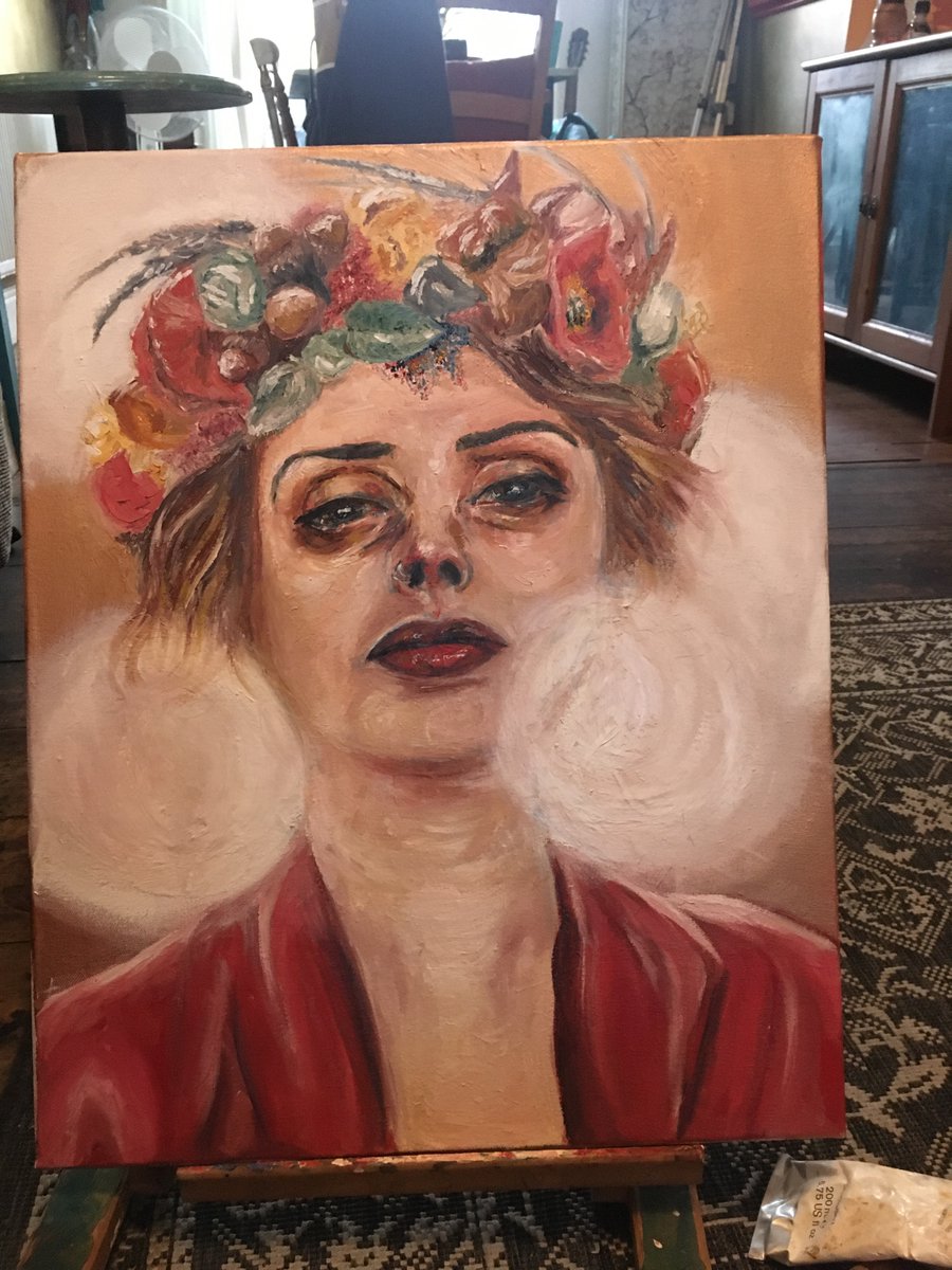 RetroLadyLand's tweet photo. GraysonsArtClub These are two portraits I’ve done while being on lockdown; a self portrait and a painting I’ve called The Corona Madonna, my daughter Lili being my model. https://t.co/jieaQMWa3Y