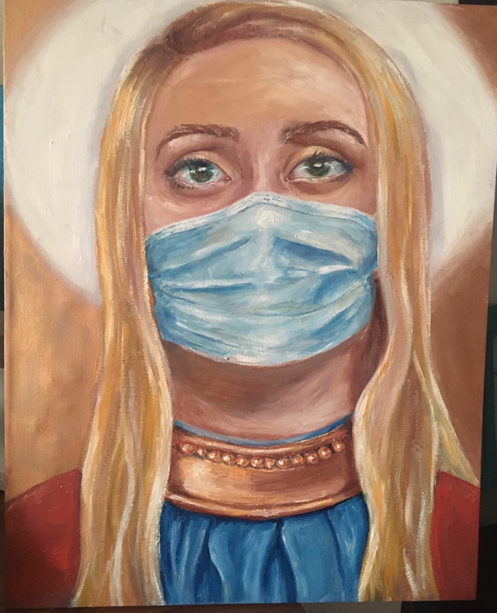RetroLadyLand's tweet photo. GraysonsArtClub These are two portraits I’ve done while being on lockdown; a self portrait and a painting I’ve called The Corona Madonna, my daughter Lili being my model. https://t.co/jieaQMWa3Y