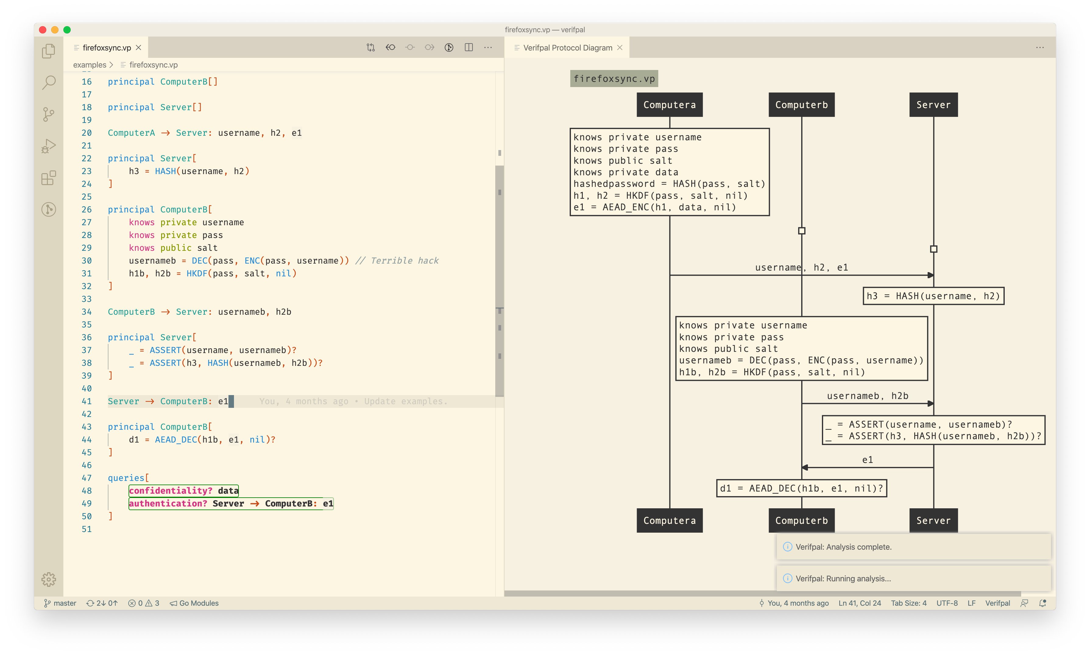 Verifpal for Visual Studio Code allows visualizing and analyzing Verifpal models straight inside Visual Studio Code, with easy access to documentation for primitives and other functionality by hovering with the cursor.