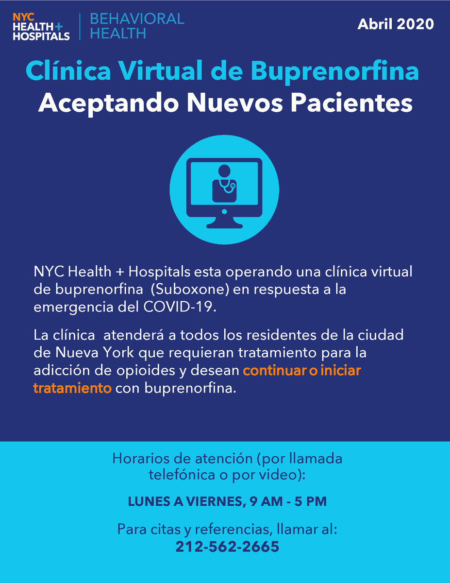harmreducedNYC's tweet photo. ATTN NYC RESIDENTS SEEKING TREATMENT FOR OPIOID ADDICTION: NYC Health+Hospitals is now operating a virtual Buprenorphine clinic, accepting all patients regardless of insurance status. For an appointment, call 212-562-2665 (M-F 9am-5pm). PLEASE SHARE!  #BuprenorphineTreatment #NYC https://t.co/57Nk8b9SWc
