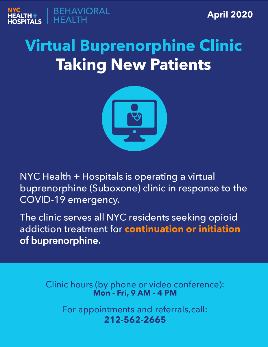 harmreducedNYC's tweet photo. ATTN NYC RESIDENTS SEEKING TREATMENT FOR OPIOID ADDICTION: NYC Health+Hospitals is now operating a virtual Buprenorphine clinic, accepting all patients regardless of insurance status. For an appointment, call 212-562-2665 (M-F 9am-5pm). PLEASE SHARE!  #BuprenorphineTreatment #NYC https://t.co/57Nk8b9SWc