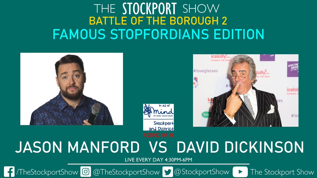 ✅VOTING NOW OPEN✅

🏆The Battle of #Stockport Borough 2🏆
🎩Famous Stopfordians Edition🎩
Rd of 16 - Match 7

<a href="/JasonManford/">Jason Manford</a> vs @ITVRealDeal 

VOTE
Twitter - x.com/StockportShow/…
Facebook - facebook.com/TheStockportSh…

In aid of <a href="/stockportmind/">Stockport Mind</a> - DONATE
justgiving.com/fundraising/ba…