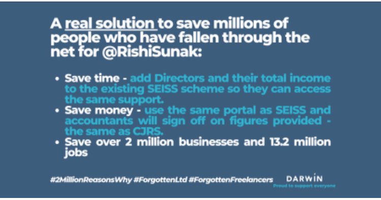 I am one of the 2 million who needs your support. <a href="/RishiSunak/">Rishi Sunak</a> we have a solution. It will save time, save money, save over 2 million businesses and protect 13.2 million jobs - see the image. *Please Share and RT* #2MillionReasonsWhy #ForgottenLtd #ForgottenFreelancers.
