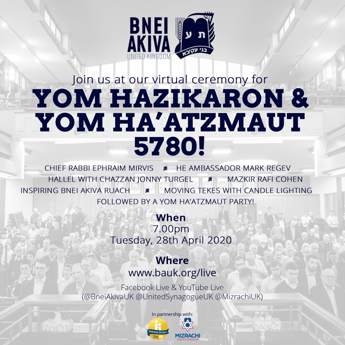 Bnei Akiva UK (@bneiakivauk) on Twitter photo Please join us at *7pm tonight* You can watch at *bauk.org/live* or on Facebook or YouTube @BneiAkivaUK, <a href="/MizrachiUK/">Mizrachi UK</a> or @UnitedSynagogueUK.
We look forward to celebrating with you! Please join us at *7pm tonight* You can watch at *bauk.org/live* or on Facebook or YouTube @BneiAkivaUK, <a href="/MizrachiUK/">Mizrachi UK</a> or @UnitedSynagogueUK.
We look forward to celebrating with you!