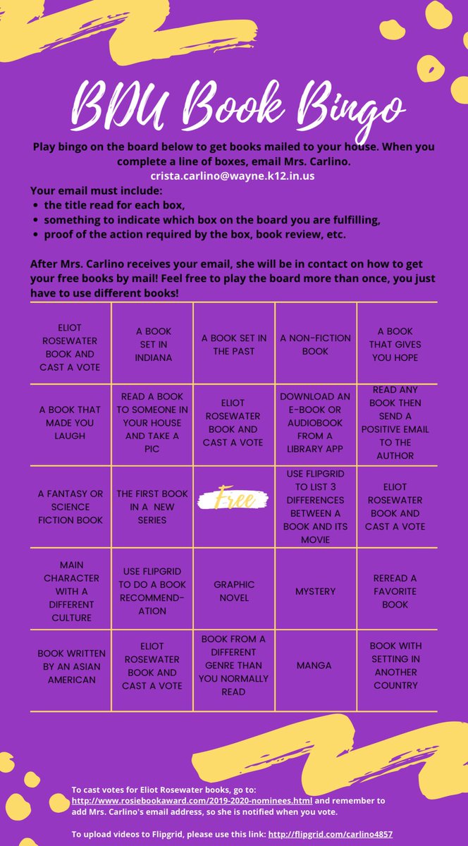 MrsCarlino's tweet photo. @BDUtv_News #bookbingo kicks off this week! Thanks for the idea, @MrsRogersNGC 📚 #wearewayne #waynereads #bingo #readingchallenge #freebooks https://t.co/P7trhu9mj9