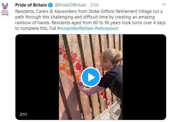 ExtraCareOrgUk's tweet photo. ICYMI: @PrideOfBritain have been shouting about the rainbow of hand prints our residents and team at Stoke Gifford created - and we couldn't be more proud! 🌈 https://t.co/5II2AjqMRD