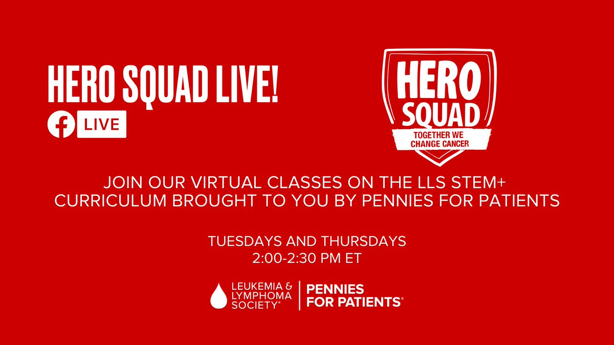 Join us at facebook.com/LLSusa/live/ at 3:00 pm CST every Tuesday and Thursday for Hero Squad Live! Through Pennies for Patients, our science-based service-learning program for schools, we're excited to provide a fun way for kids to continue learning from home! #penniesforpatients