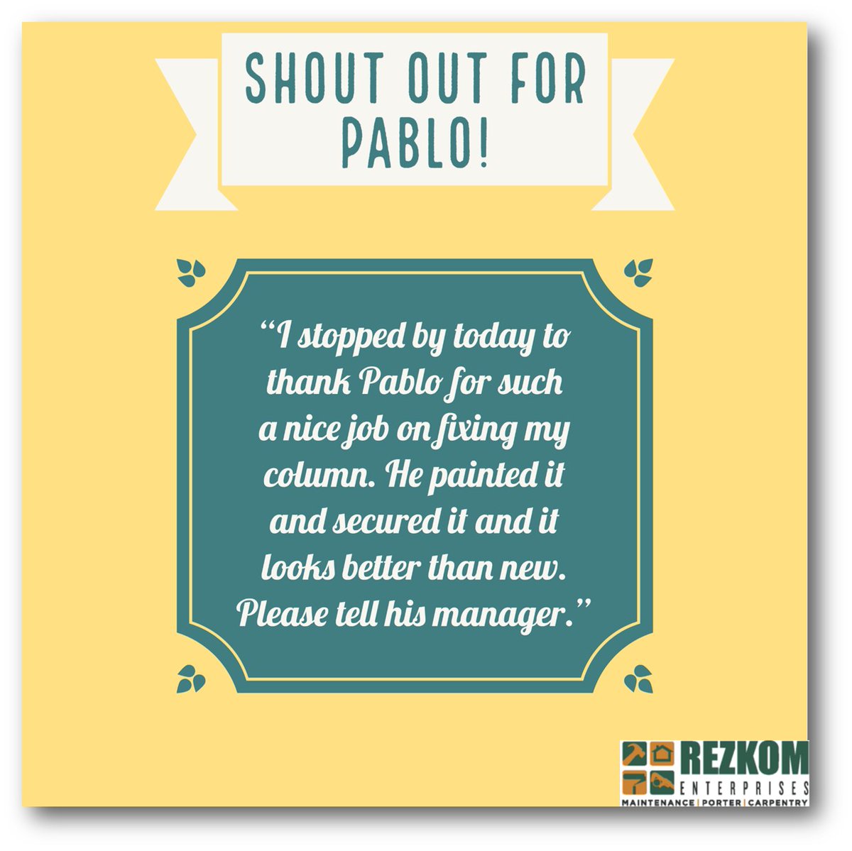 rezkom's tweet photo. Great job, Pablo Samol! #clientcompliments #teamrezkom #rezkom https://t.co/eoDAszW3K8