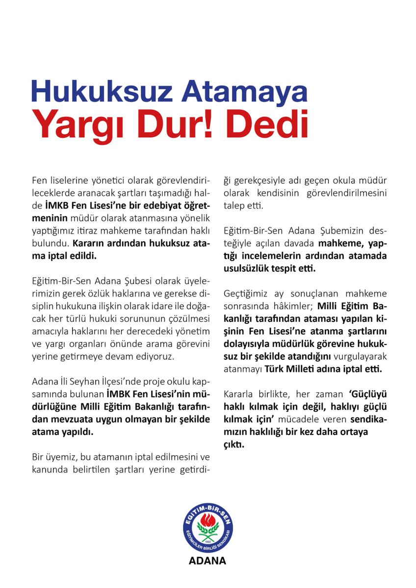 Eğitim-Bir-Sen demek haksızlıklar karşısında susmadan, asla vazgeçmeden, gür bir sesle mücadele etmek demek.

Şimdi sıra hukuksuzluğun giderilmesinde.

Konunun sonuna kadar takipçisiyiz.

#HaksızAtamayaYargıEngeli

<a href="/ziyaselcuk/">Ziya Selçuk</a>
<a href="/tcmeb/">Millî Eğitim Bakanlığı</a>
<a href="/AdanaMem/">Adana İl Millî Eğitim Müdürlüğü</a>
<a href="/TCAdanaValiligi/">T.C. Adana Valiliği</a>
<a href="/Veysel_Durgun_/">Veysel Durgun #HayatEveSığar</a>