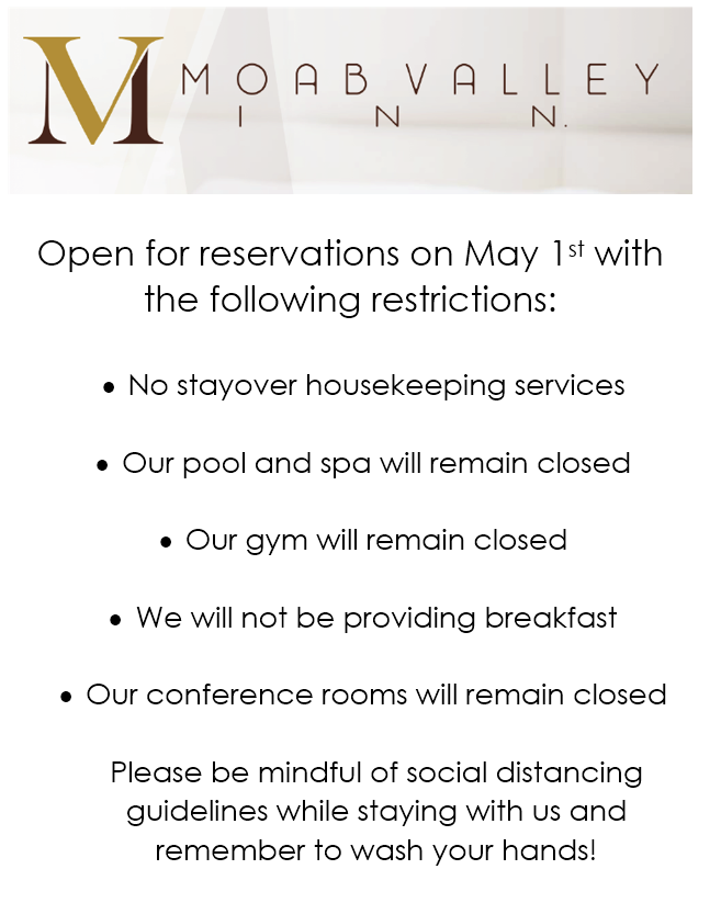 MoabValleyInn's tweet image. We look forward to your visit!  Please enjoy our wide-open spaces and #staysafe while visiting #Moab. 
Please read the information below #knowbeforeyougo #washthosehands