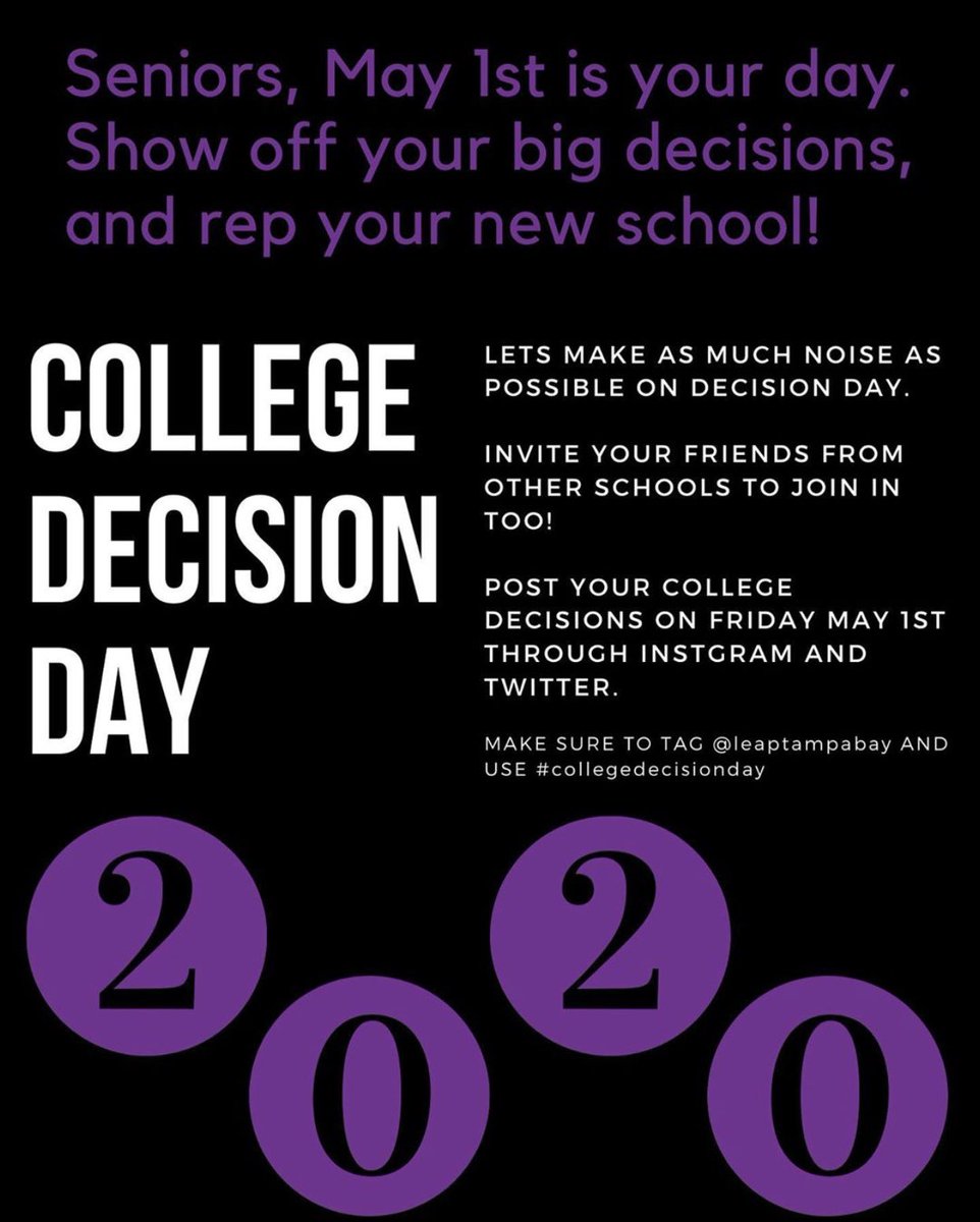 #CollegeDecisionDay <a href="/NewsomeSga/">Newsome SGA</a> <a href="/PCHS_SGA/">RaiderNation 🌟</a> <a href="/Durant_SGA/">Durant SGA</a> <a href="/KHSSGA/">King SGA</a> <a href="/SGAFHS/">FREEDOM SGA</a> <a href="/ArmwoodSGA/">Armwood SGA</a> <a href="/longhornSGA/">LHS SGA</a> <a href="/wharton_sga/">Wharton SGA</a> <a href="/tbtsga/">TBT SGA</a> <a href="/BloomingdaleSGA/">Bloomingdale SGA</a> <a href="/SpotoSGA/">Spoto SGA</a> <a href="/ChargersSGA/">SGA</a> <a href="/SGAEBHS/">EBHS SGA</a> <a href="/HHSBigRed/">Hillsborough High</a> <a href="/PlantHighSchool/">PlantHighSchool</a> <a href="/MiddletonSTEM/">MiddletonHighSchool</a> <a href="/gshswarriors/">Steinbrenner High</a> <a href="/LEAP4college/">LEAP Tampa Bay College Access Network</a>