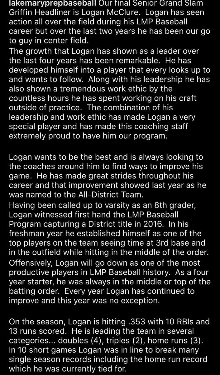 lmp_baseball's tweet photo. Our final Senior Grand Slam Griffin Headliner, @LoganMcClure11. Logan has been a consistent player and respected leader for our program throughout the last 4 years. He will be missed! We cannot wait to see what you do at Daytona State!⚾️ @LMPathletics @LakeMaryPrep https://t.co/1VgKouvZLT