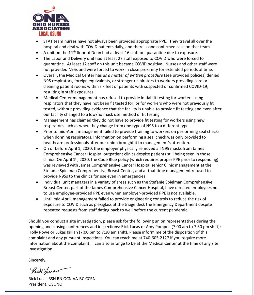 Dear  @SecGeneScalia you want to rethink  @OSHA_DOL lack of enforcement and ignoring CDC guidelines to protect our Front Line Healthcare Workers?cc  @SenSherrodBrown  @senrobportman  @leesgirl9 the complaint is awful https://higherlogicdownload.s3.amazonaws.com/OHNURSES/26931ef7-0793-494c-a6ee-4254906cc572/UploadedImages/OSUNO_OSHA_Complaint_4_28_2020.pdf